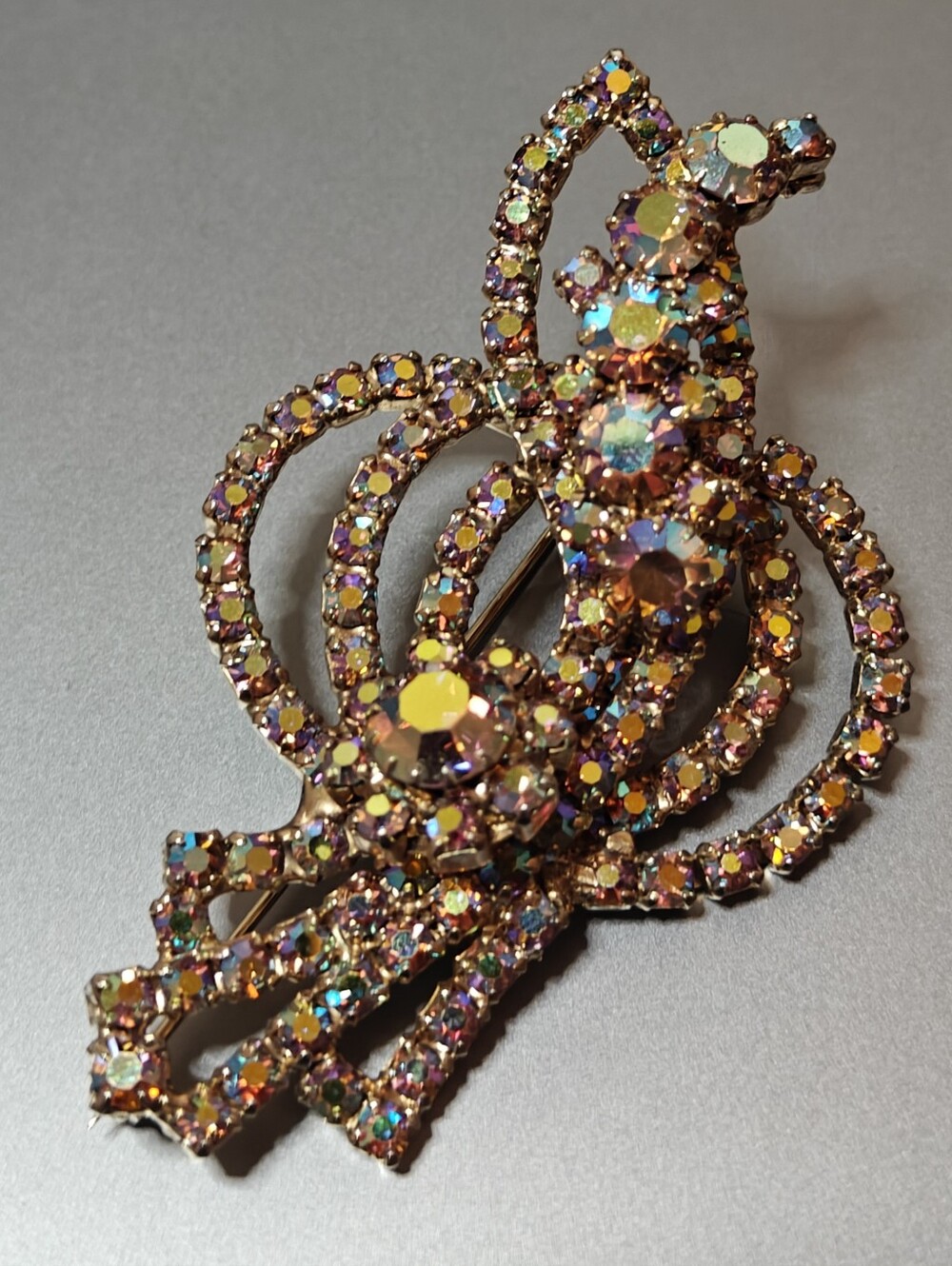 Dazzling Signed Continental Crystal Swirl Bow Brooch